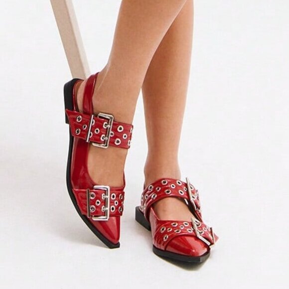 Red Punk Women's Oversized Buckle Flats - Picture 2 of 6